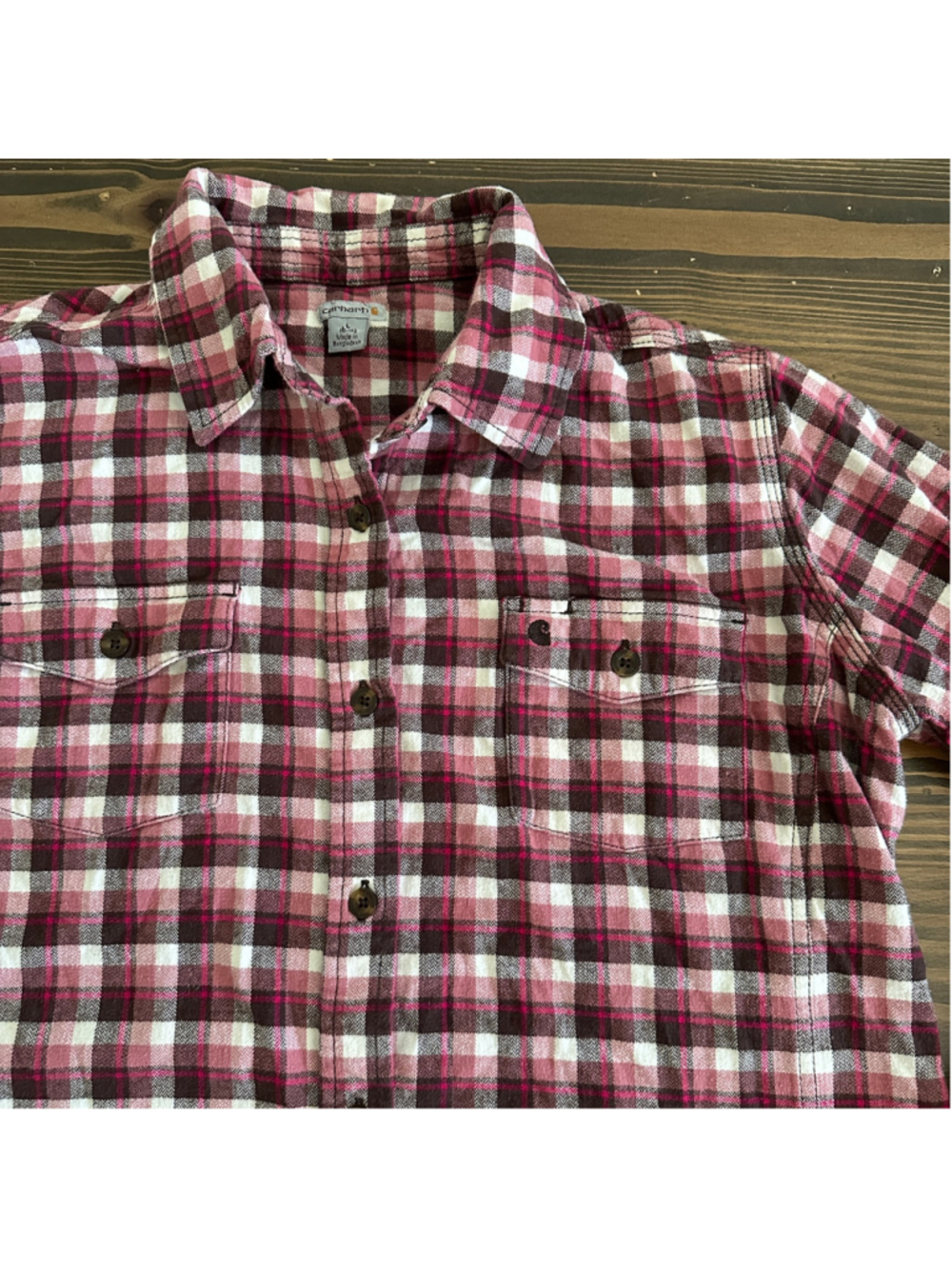 Carhartt Women's Flannel L 12/14 Pink Brown Plaid Oversized Workwear Western